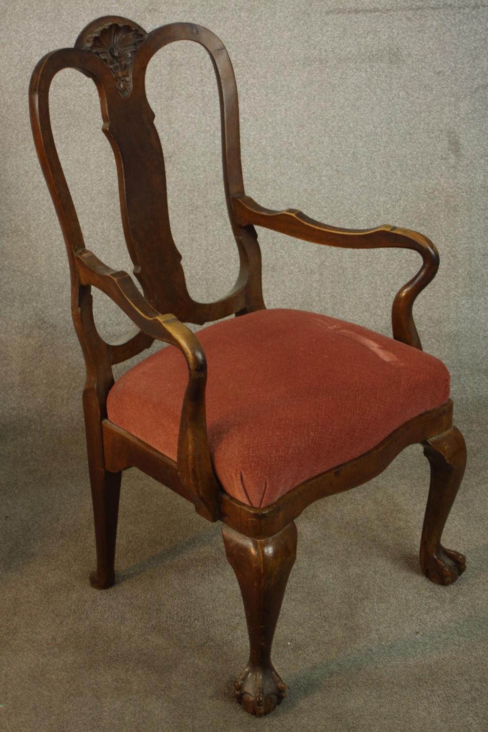 A French Louis XV style fauteuil armchair, upholstered in dark pink fabric on cabriole legs, - Image 3 of 9