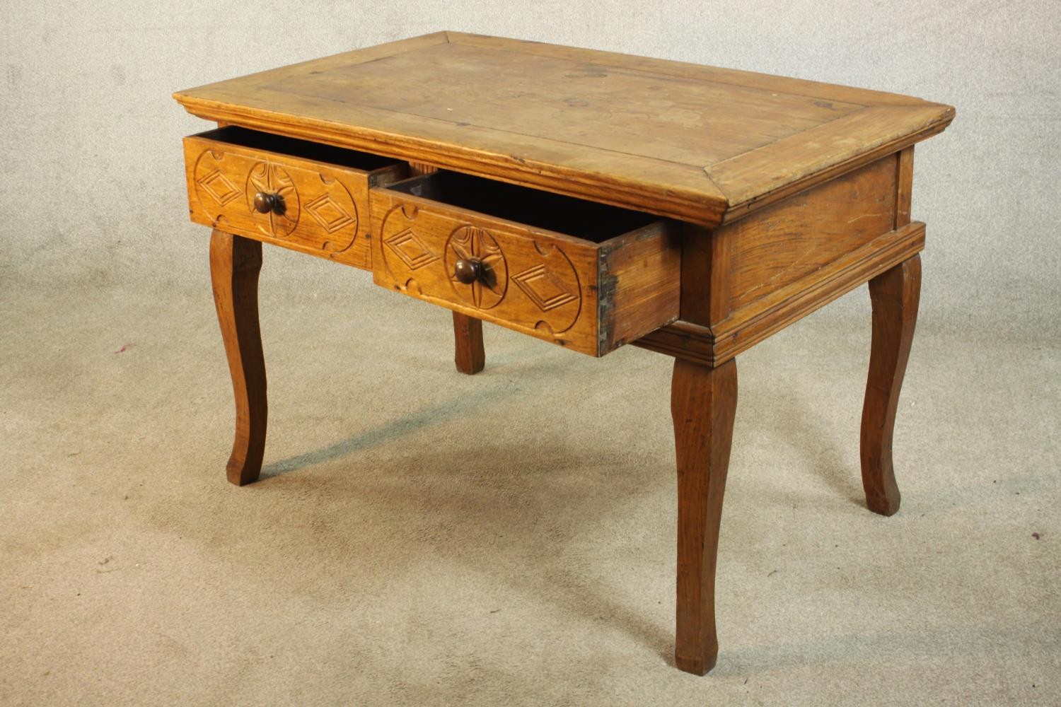 An early 20th century far Eastern hardwood, possibly Narra wood (amboyna) desk, with two carved - Image 6 of 8