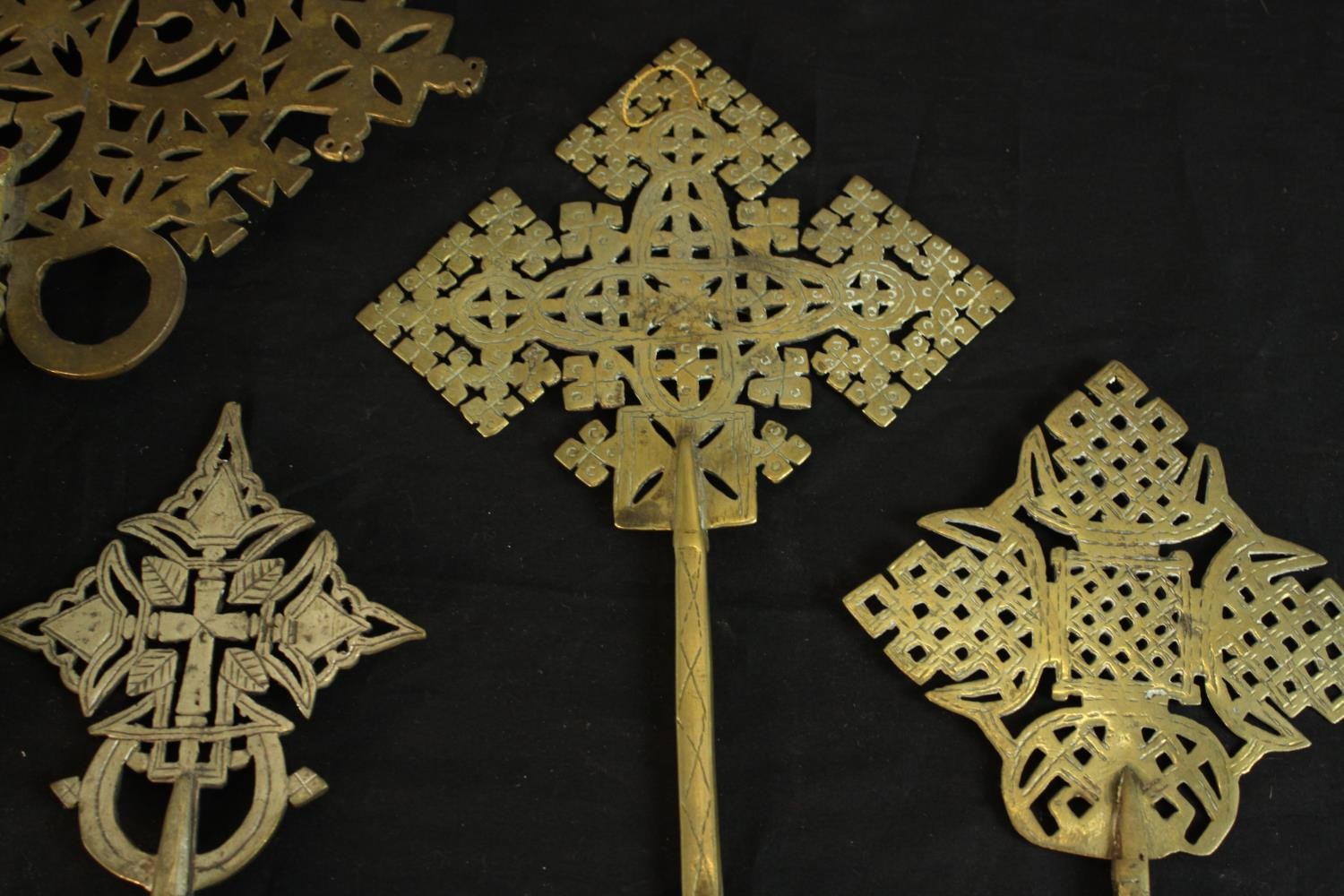 Seven Ethiopian Coptic brass and silver plated hand crosses, two with engraved detailing. H.36 W. - Image 5 of 9