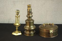 A Victorian brass geometric design gimbal candle stick turned table lamp along with a brass oil lamp