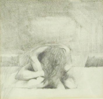 A framed and glazed pencil drawing of a nude female hunched over, indistinctly signed. H.31 W.31cm