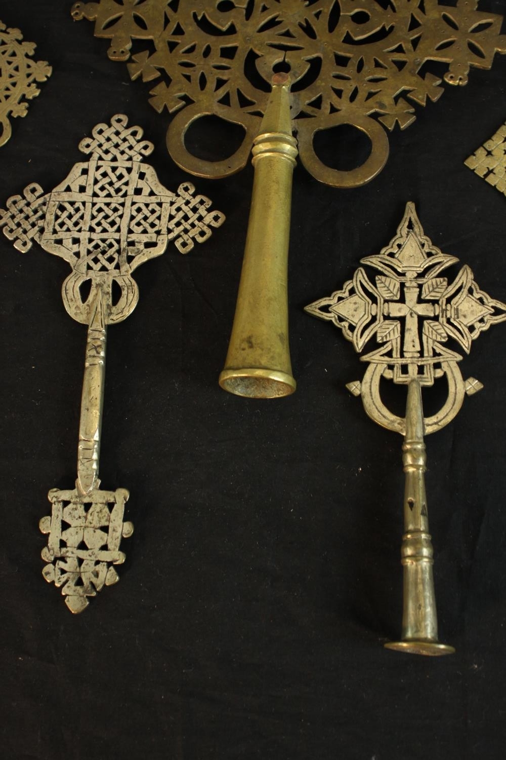 Seven Ethiopian Coptic brass and silver plated hand crosses, two with engraved detailing. H.36 W. - Image 7 of 9