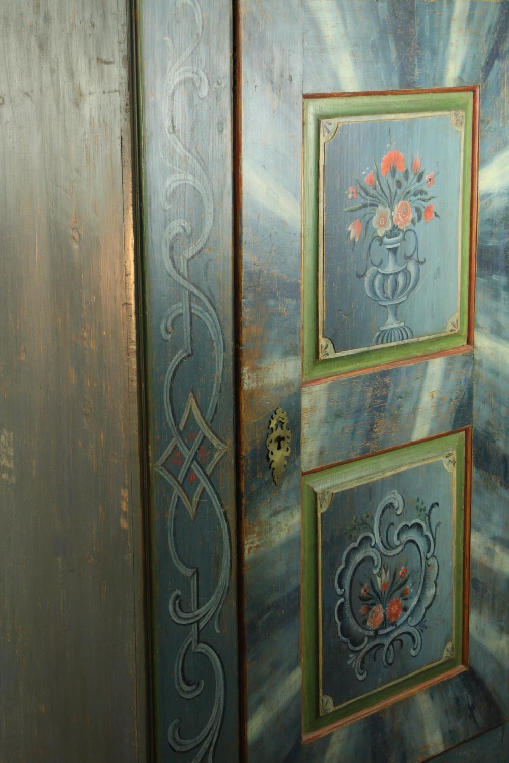 An early 19th century central European painted pine cupboard, painted in hues of blue, 1803, with - Image 4 of 11