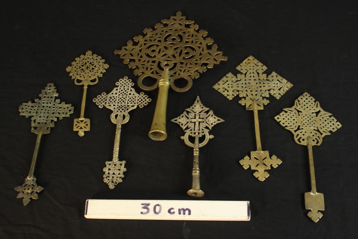 Seven Ethiopian Coptic brass and silver plated hand crosses, two with engraved detailing. H.36 W. - Image 2 of 9