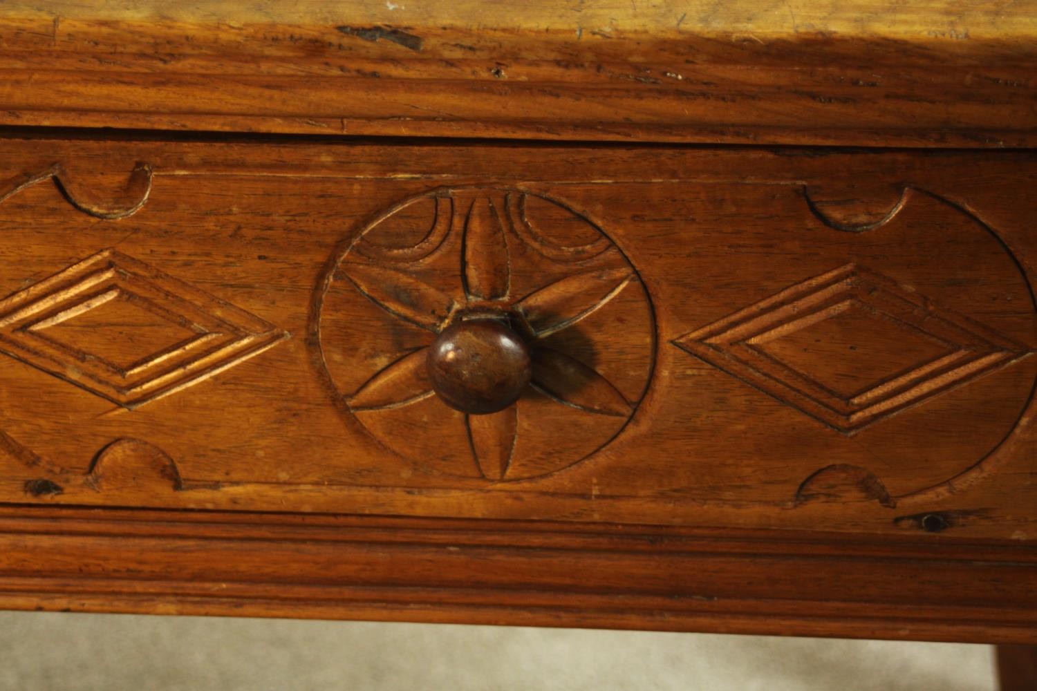 An early 20th century far Eastern hardwood, possibly Narra wood (amboyna) desk, with two carved - Image 4 of 8