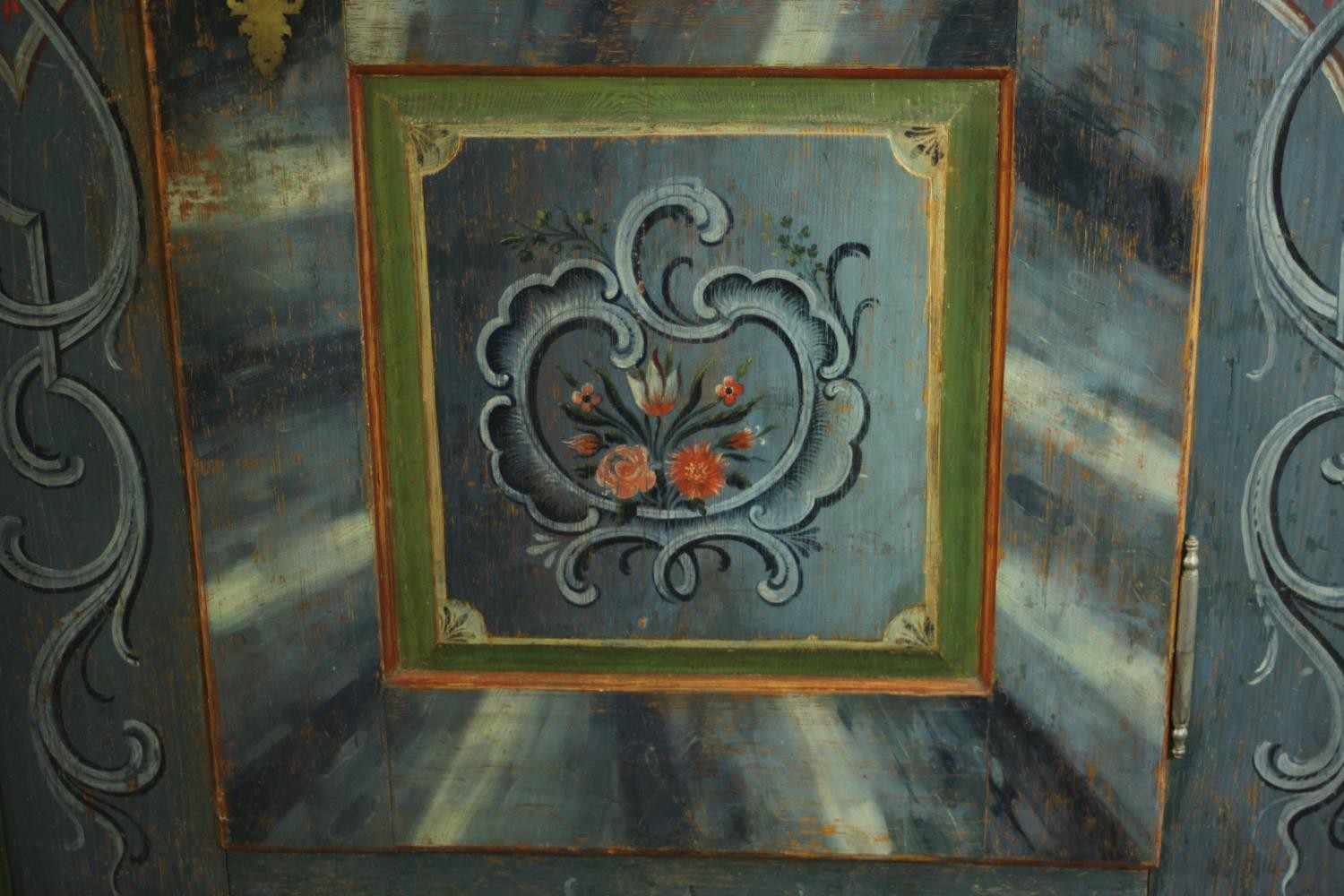 An early 19th century central European painted pine cupboard, painted in hues of blue, 1803, with - Image 6 of 11