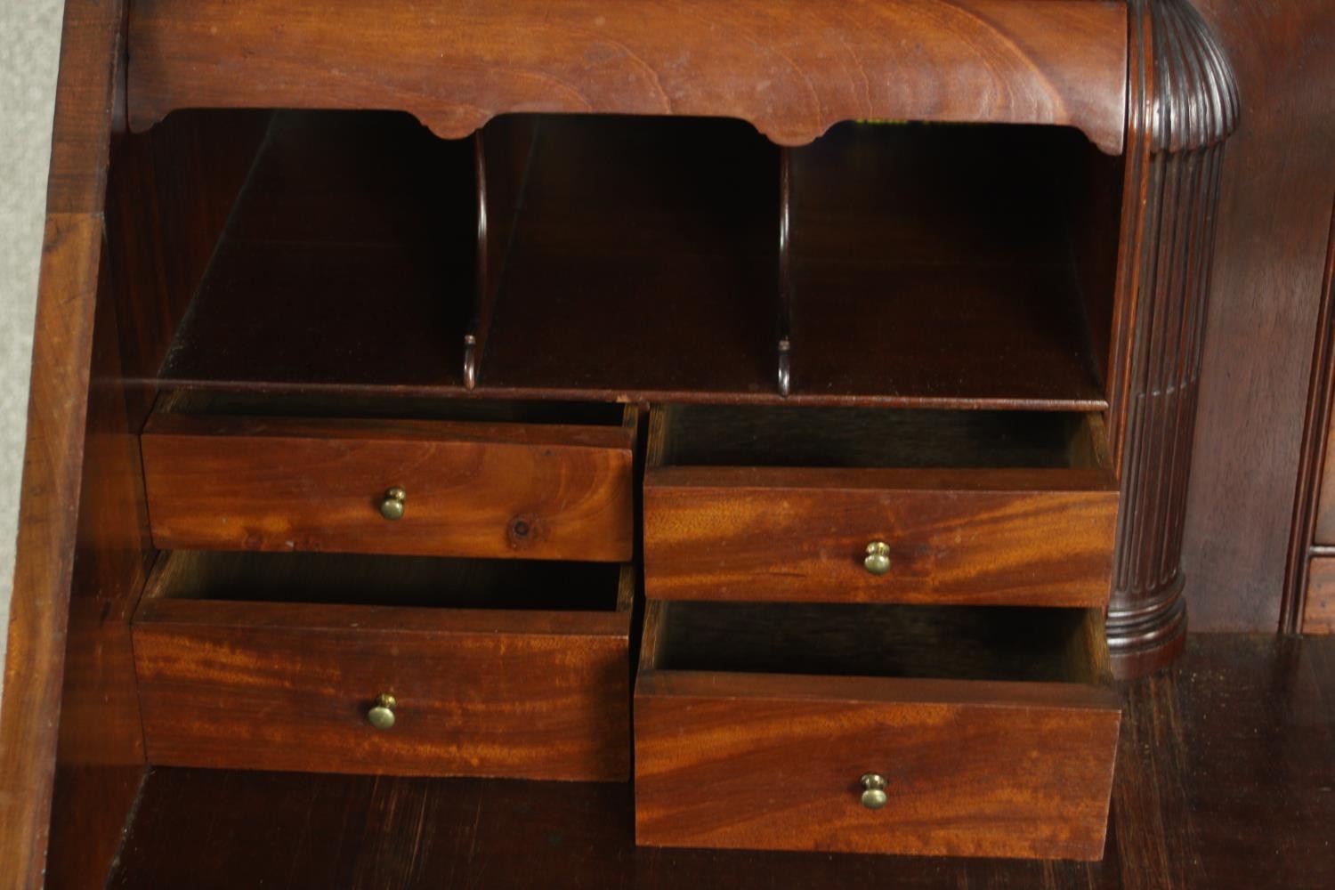 A 19th century mahogany bureau, the fall front enclosing a green writing surface with an arrangement - Image 8 of 12