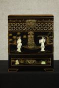 A contemporary Chinese black lacquered jewellery box, the exterior with figures carved from mother