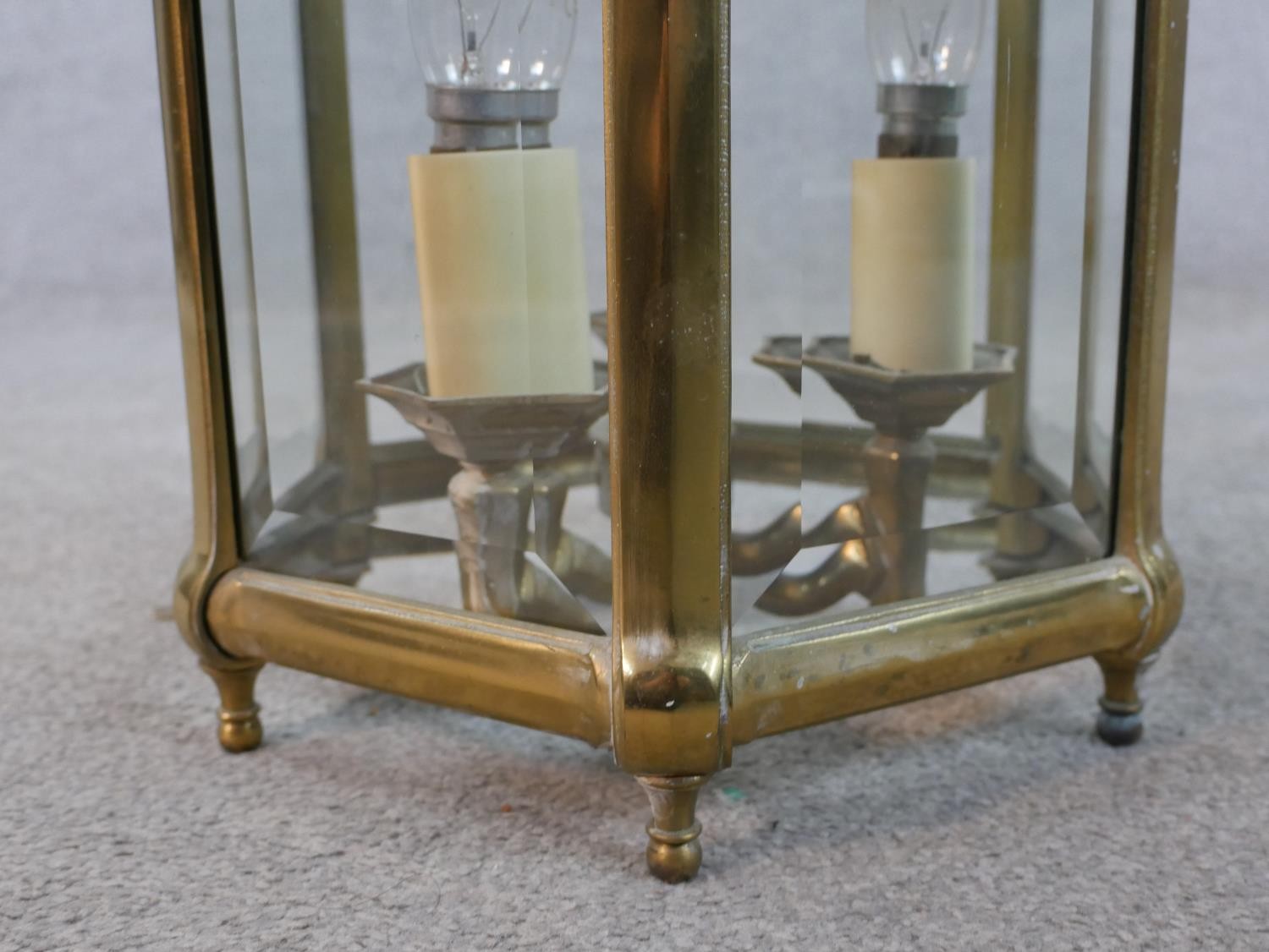 A 20th century brass framed and bevelled glass hexagonal hall lantern. H.56 W.37 D.37cm - Image 5 of 5