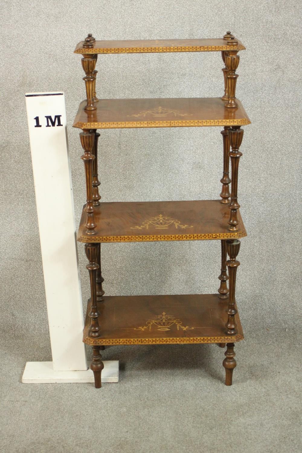 An Edwardian marquetry inlaid walnut whatnot of four tiers on turned and fluted supports. H.116 W.54 - Image 2 of 8