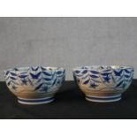 A pair of Japanese stoneware ramen bowls with Kikyo pattern, signature to base. H.9 Diam.17cm