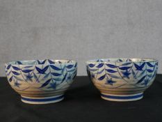 A pair of Japanese stoneware ramen bowls with Kikyo pattern, signature to base. H.9 Diam.17cm