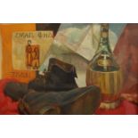 A framed oil on canvas still life, old boots and chianti, signed Denton. H.54 W.64cm.