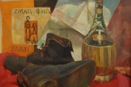 A framed oil on canvas still life, old boots and chianti, signed Denton. H.54 W.64cm.