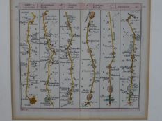 A 19th century hand coloured engraved strip map of York to Lancashire. H.26 W.28cm