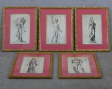 A set of five 17th century framed and glazed copper engravings of Classical sculptures, various