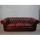 A 20th century oxblood red Chesterfield three seater settee, raised on casters, H.65 W.195 D.67cm