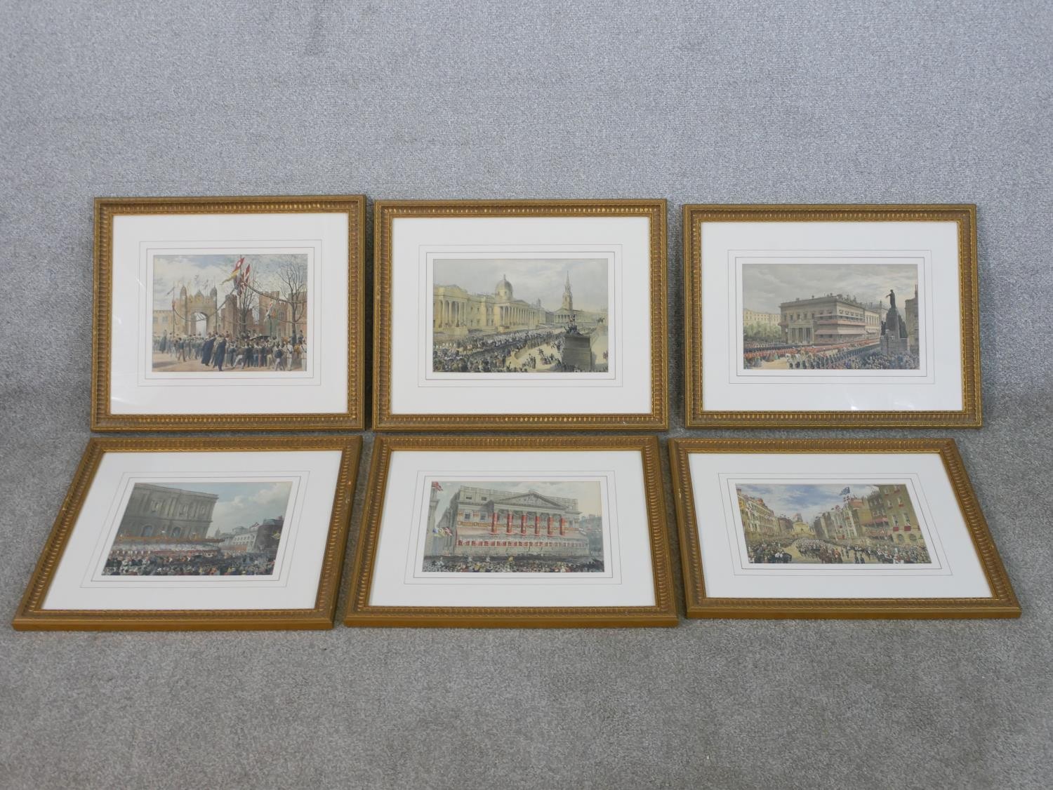 Six framed and glazed 19th century hand coloured engravings of English landmark buildings,