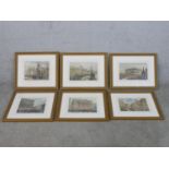 Six framed and glazed 19th century hand coloured engravings of English landmark buildings,