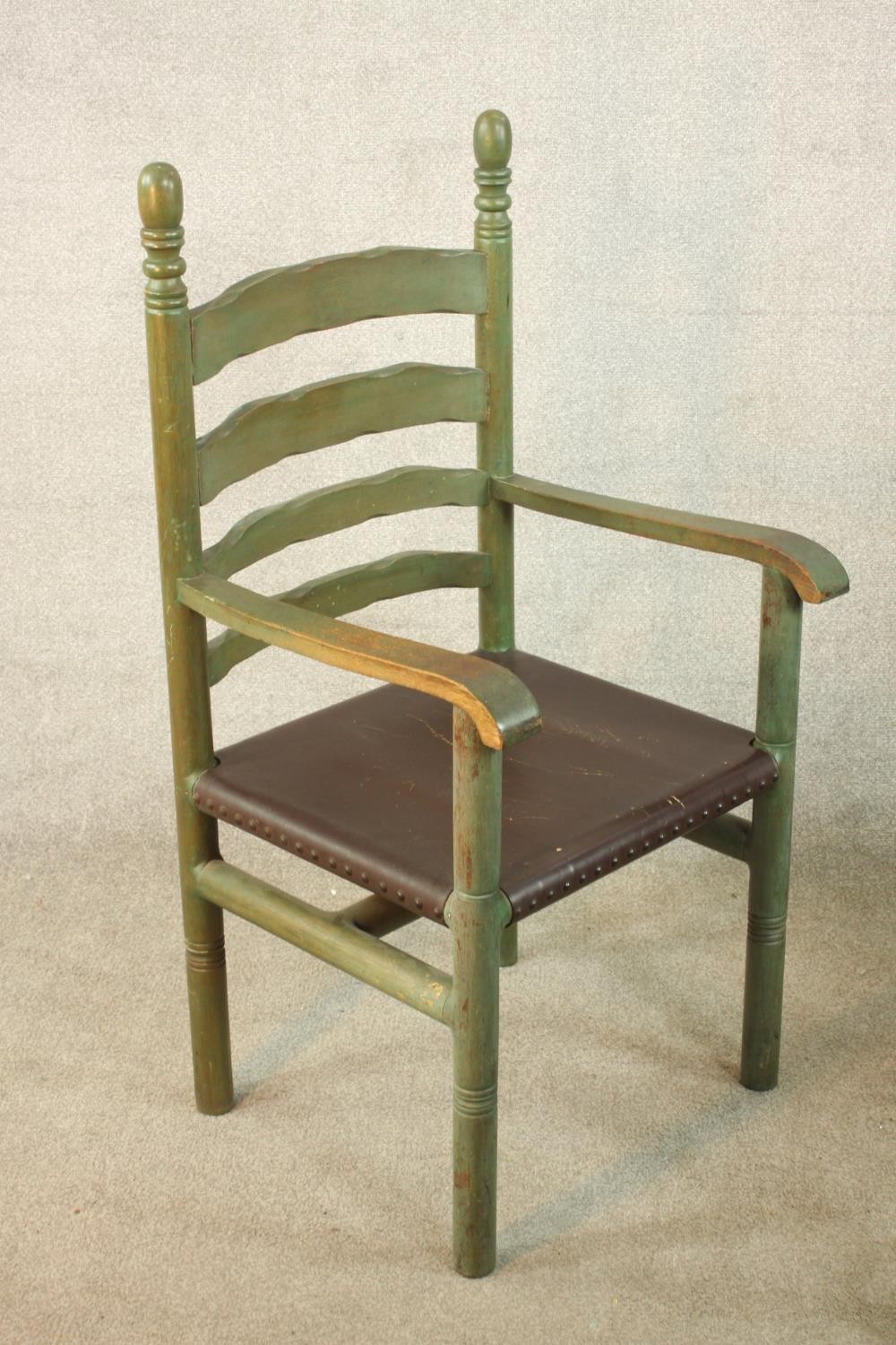 A set of four painted 19th / early 20th ladder back dining chairs, with turned finials raised on - Image 4 of 12