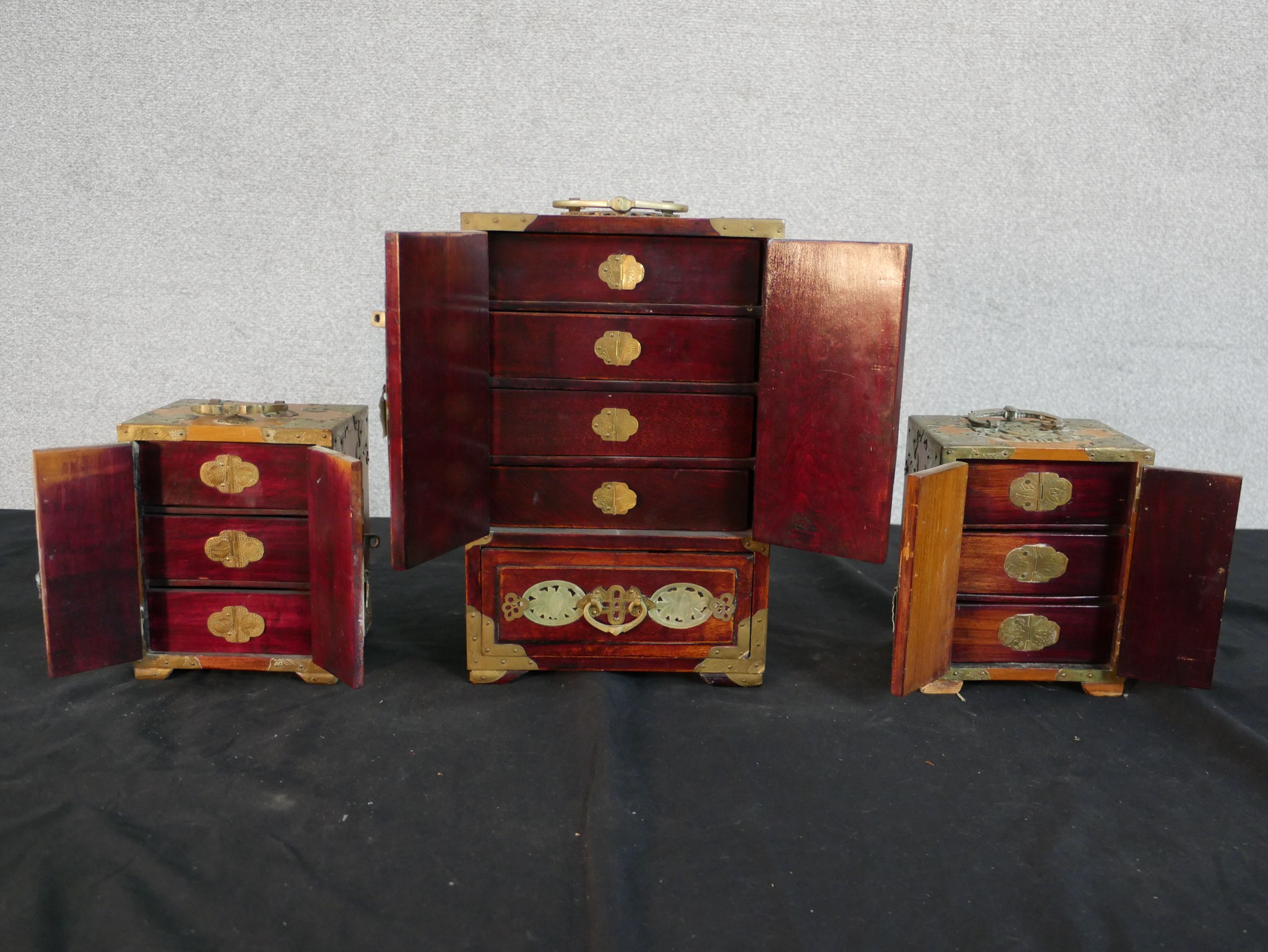 Three 20th century Chinese jewellery cabinets, with brass mounts and carved jade decoration, two - Image 2 of 21