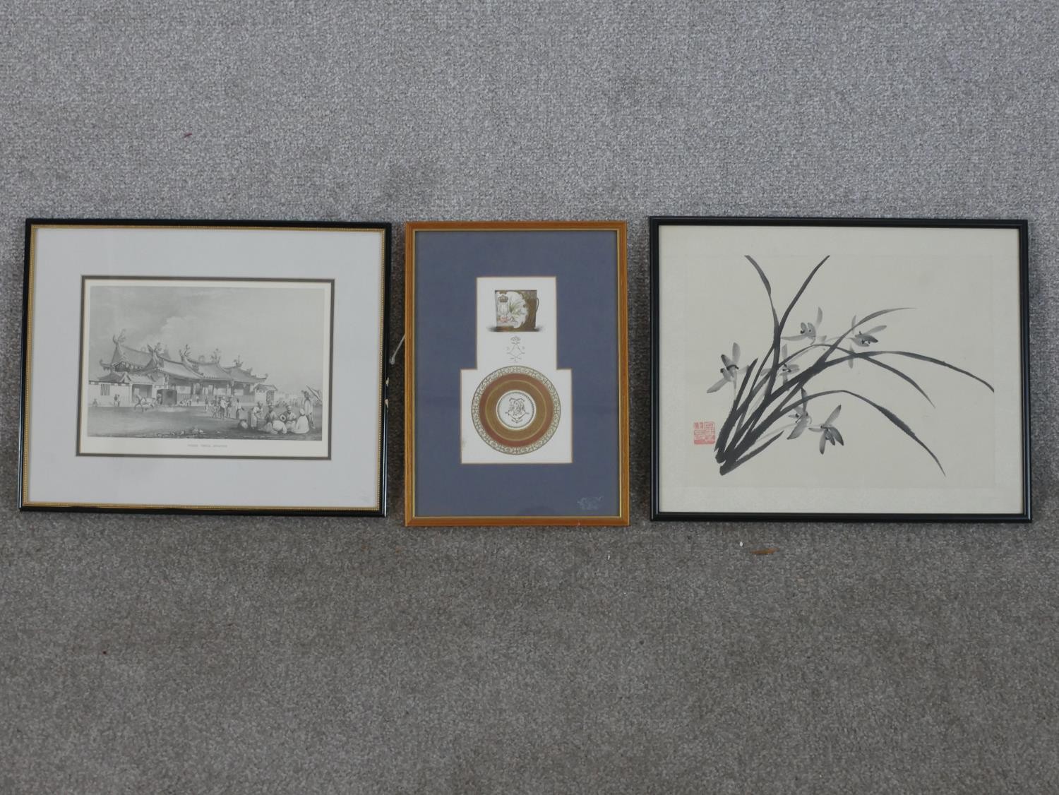 Three framed glazed Orienral prints, one of a calligraphy painting of orchids with artist's seal. - Image 2 of 7