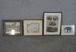 Four 19th century hand coloured engravings of various subjects, one of a map of London with close up