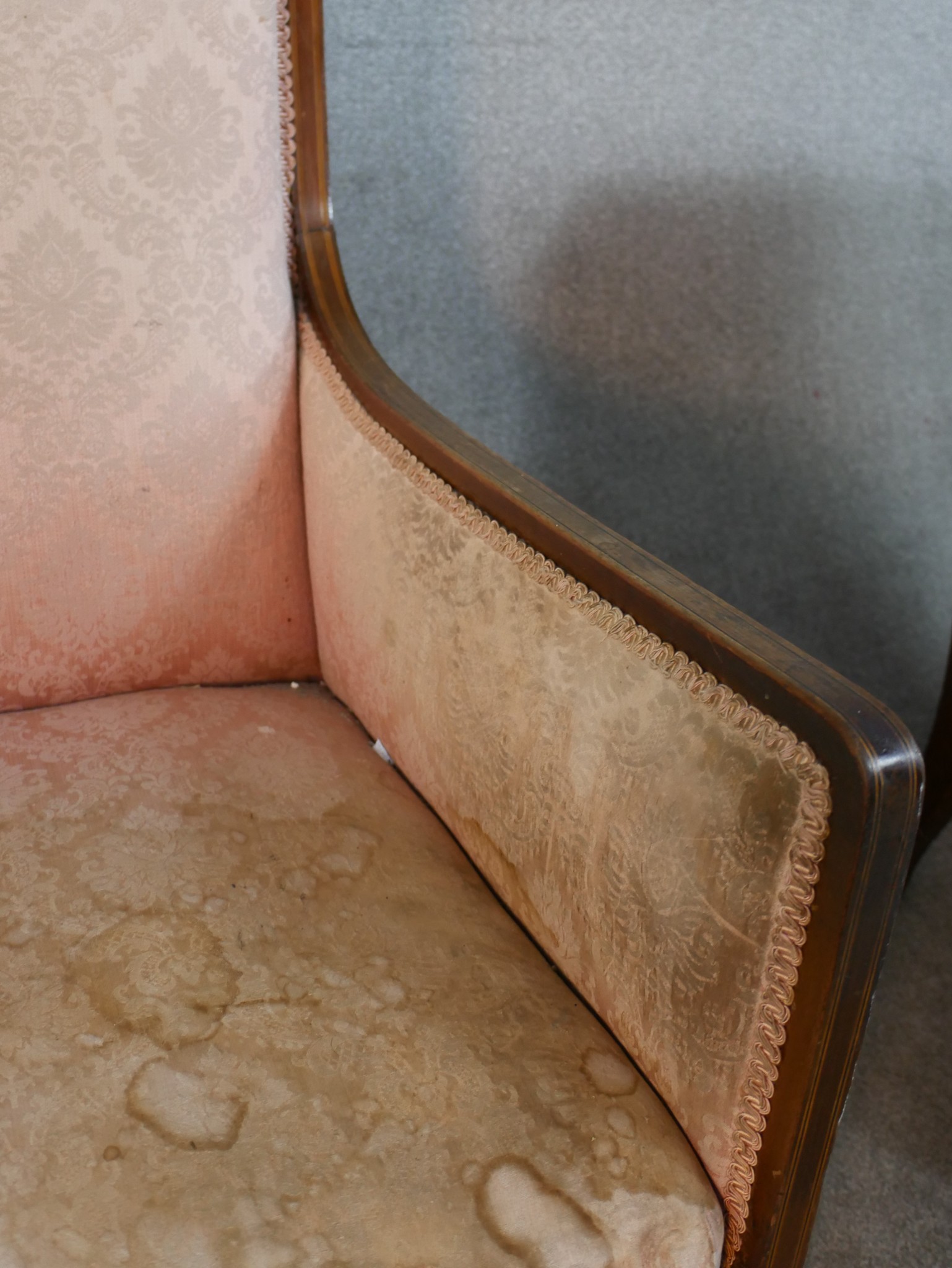 A pair of Edwardian mahogany and line inlaid armchairs, upholstered with pink damask, on tapering - Image 5 of 11