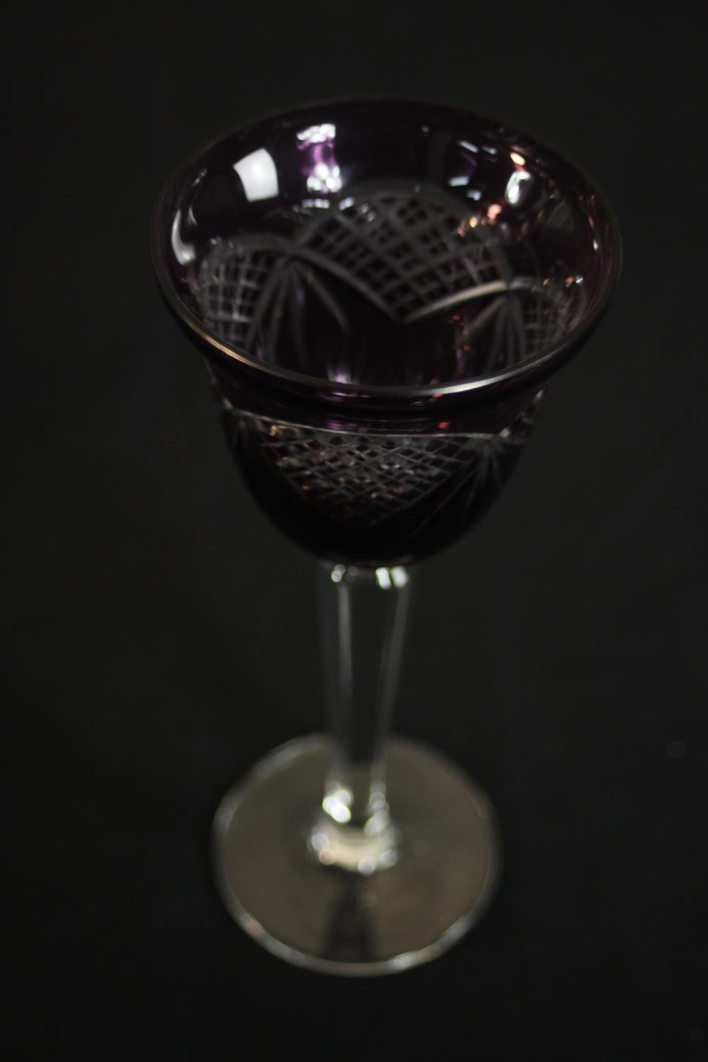 A collection of cut glass, including two Bohemian cut to clear green and purple wine glasses, two - Image 6 of 9