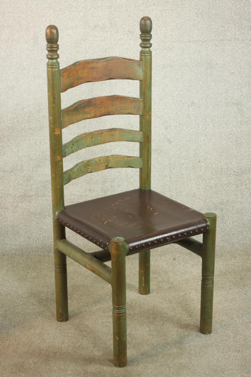 A set of four painted 19th / early 20th ladder back dining chairs, with turned finials raised on - Image 9 of 12