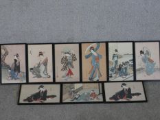 Hosoda Eishi (1756 - 1829), nine framed and glazed 19th century Japanese woodblock prints of geishas