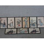 Hosoda Eishi (1756 - 1829), nine framed and glazed 19th century Japanese woodblock prints of geishas