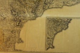 A framed and glazed 19th century engraved topographical map of Start Bay, Devon. H.69 W.97cm.