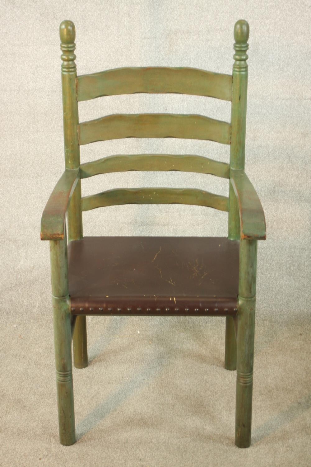 A set of four painted 19th / early 20th ladder back dining chairs, with turned finials raised on - Image 3 of 12