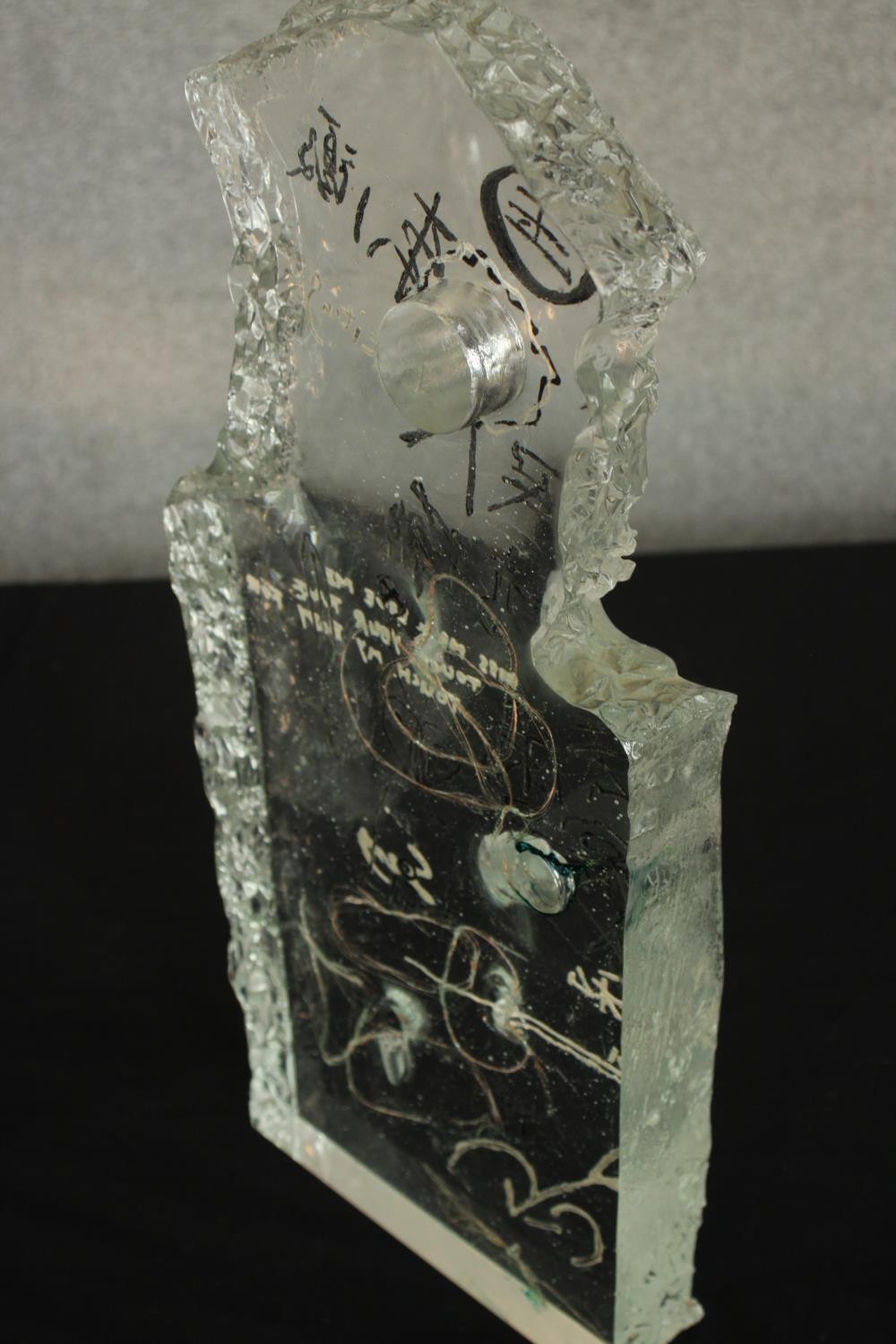 Two contemporary Asian glass sculptures, each with graffiti style decoration and suspended wire - Image 17 of 18