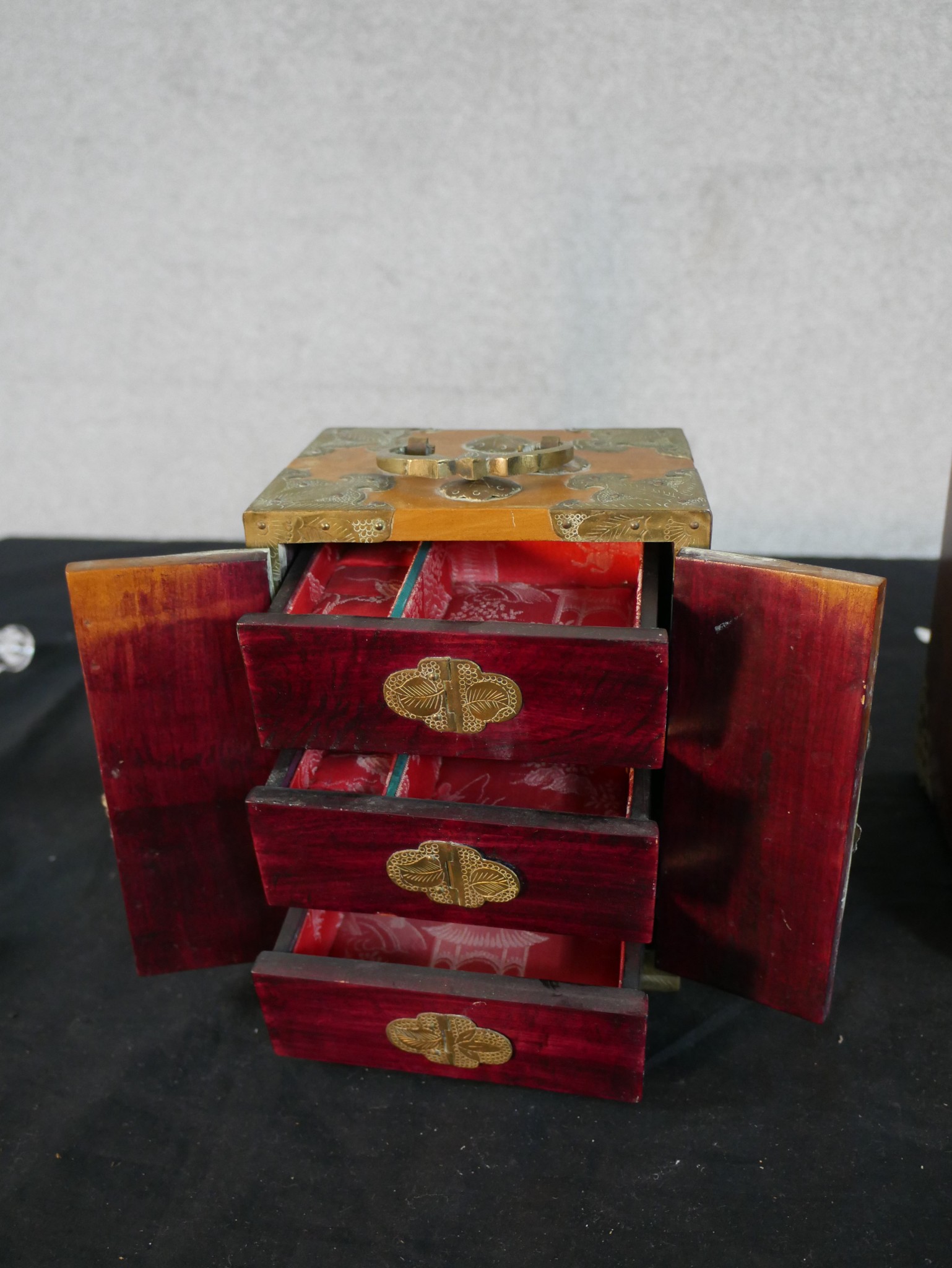 Three 20th century Chinese jewellery cabinets, with brass mounts and carved jade decoration, two - Image 3 of 21