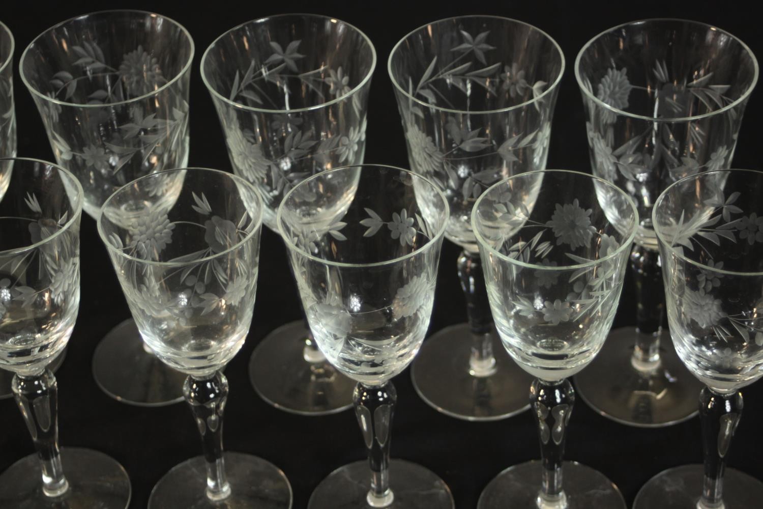 A collection of twenty one etched wine and sherry glasses with floral and foliate design, two - Image 3 of 7
