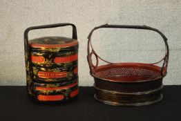 A 19th century Chinese lacquered and gilded three section food offering case along with a red and