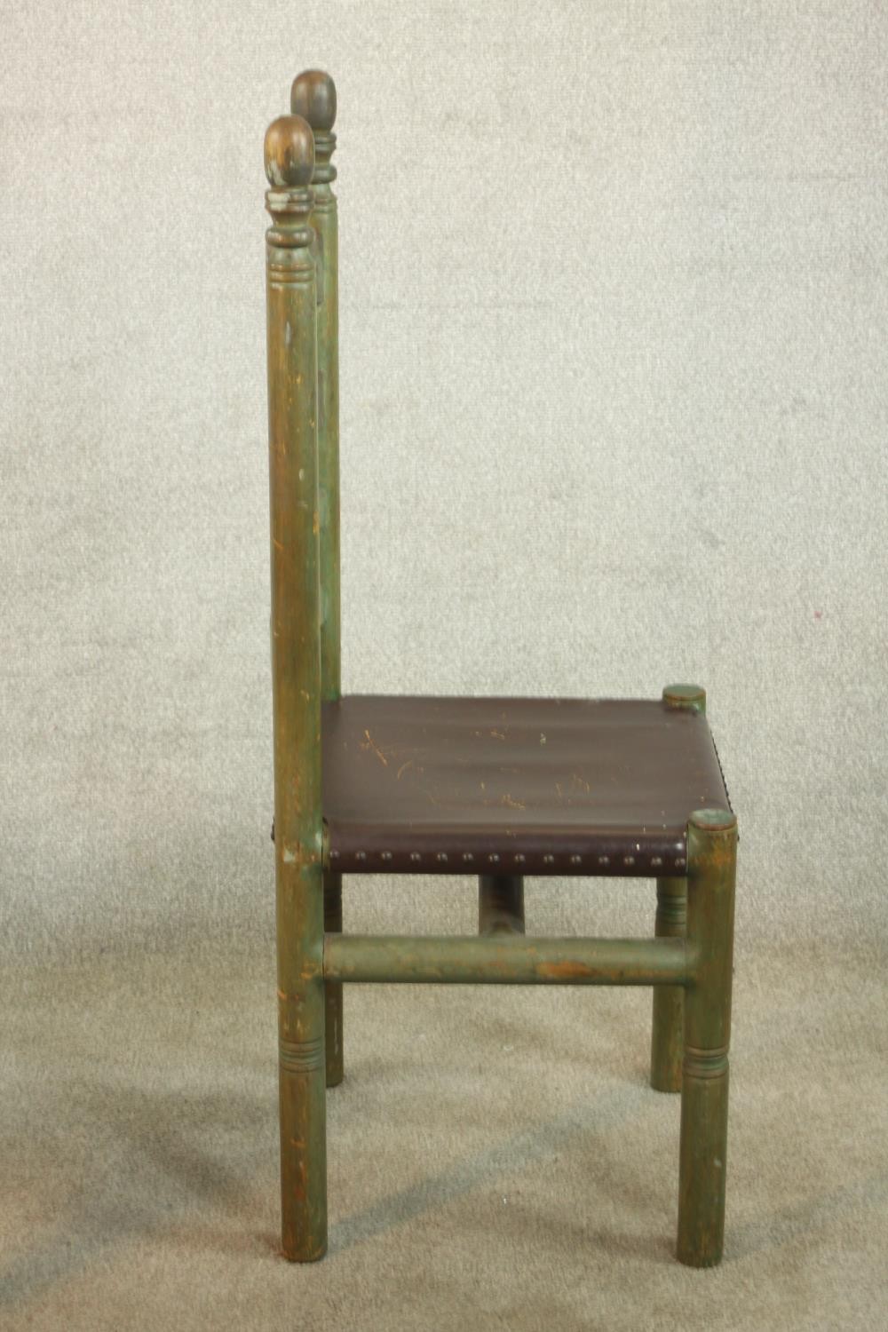 A set of four painted 19th / early 20th ladder back dining chairs, with turned finials raised on - Image 10 of 12