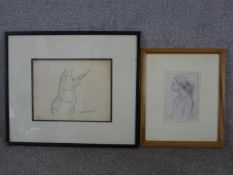 Two framed pencil drawings one of a pig pointing, indistinctly signed along with a portrait of a