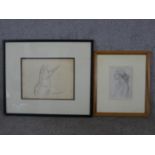 Two framed pencil drawings one of a pig pointing, indistinctly signed along with a portrait of a