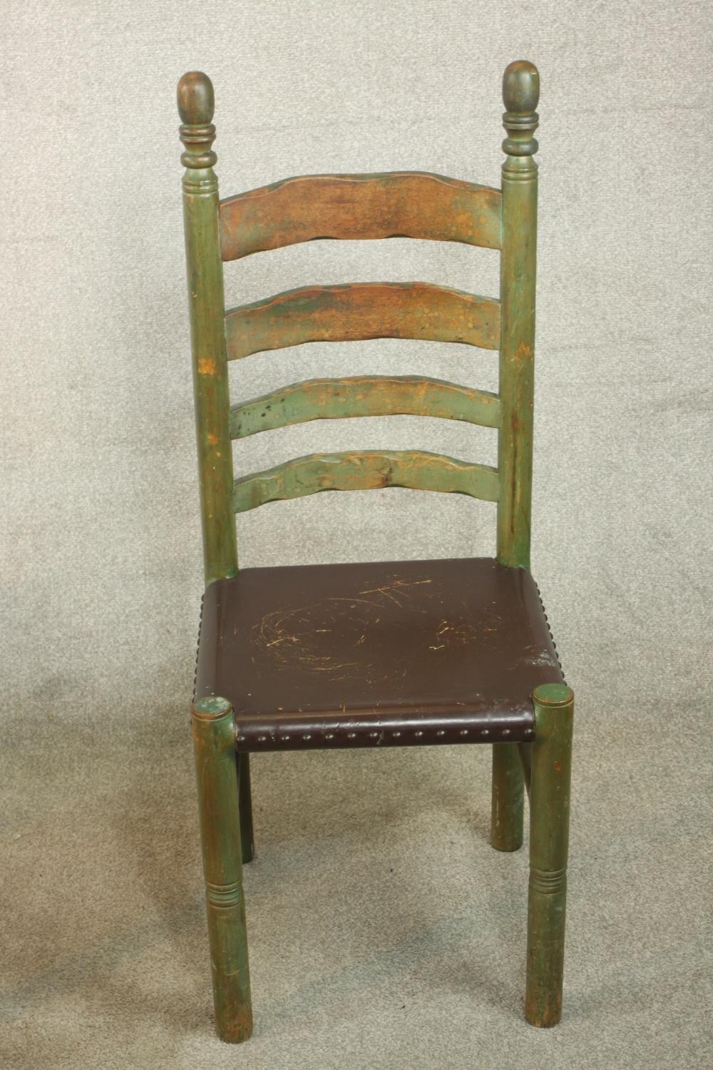 A set of four painted 19th / early 20th ladder back dining chairs, with turned finials raised on - Image 8 of 12