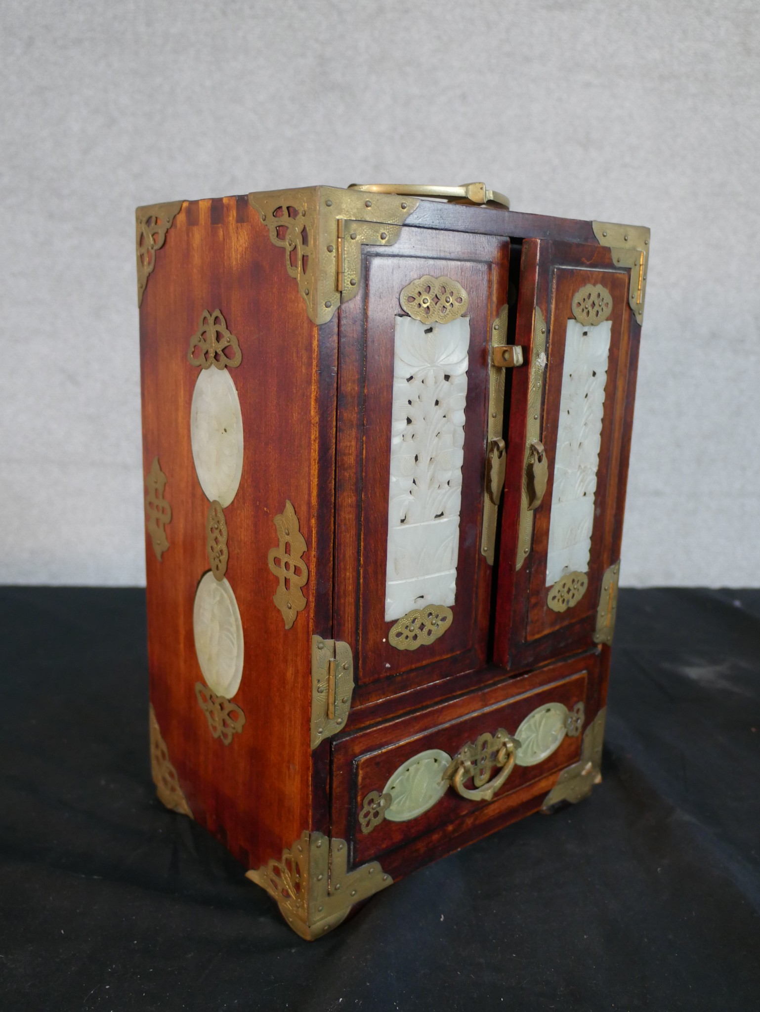 Three 20th century Chinese jewellery cabinets, with brass mounts and carved jade decoration, two - Image 9 of 21