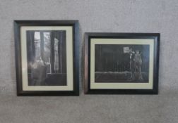 Two framed and glazed pastel and mixed media on black paper, one 'Tall Building of the City' and two