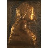 A framed and glazed copper relief artwork of a woman in a head scarf, signed Hudorovich. H.55 W.45cm