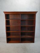 An early 20th century walnut open bookcase section, with two sets of five shelves. H.148 W.144 D.
