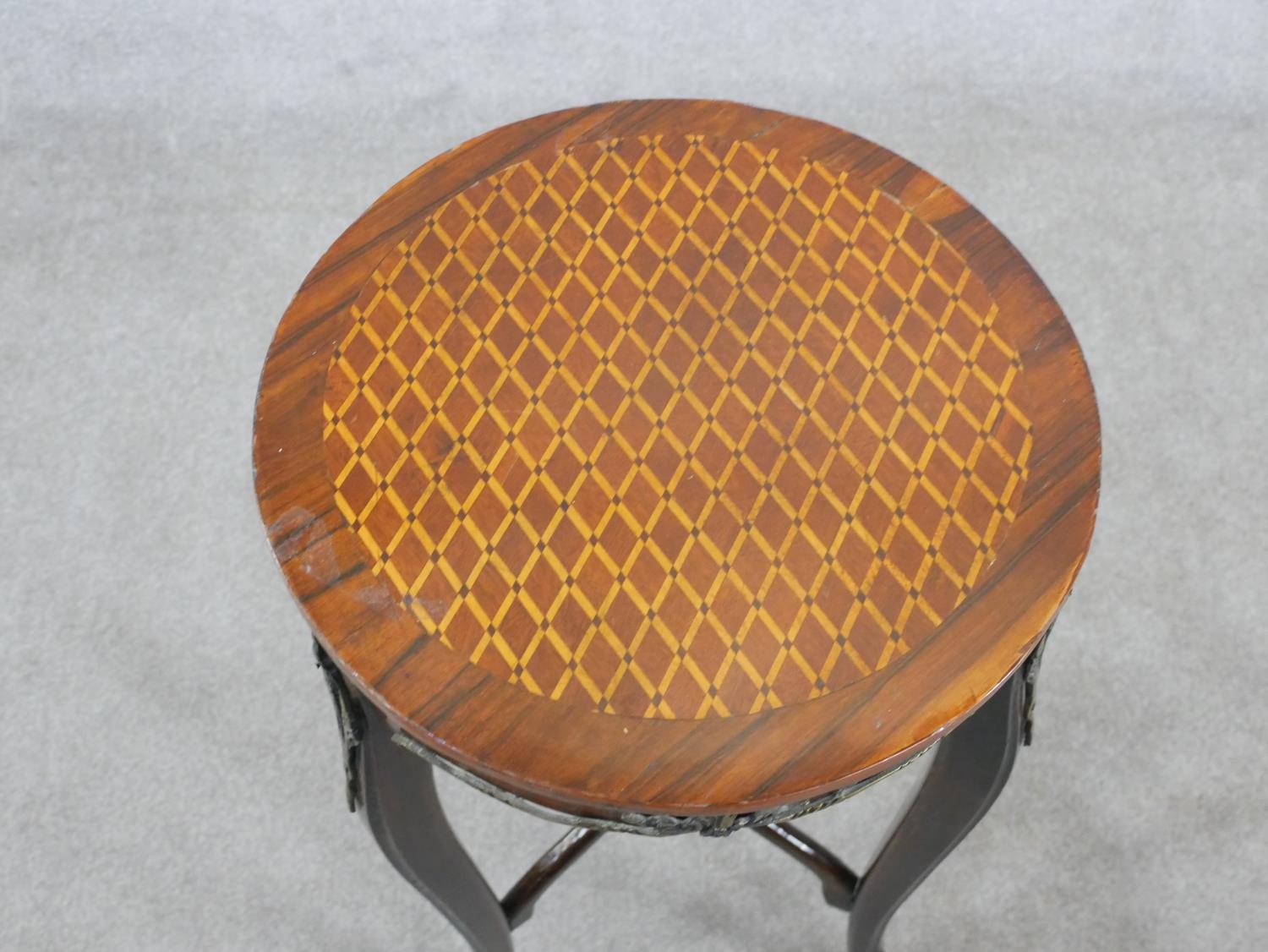 A 20th century mahogany and brass mounted occassional table / jardinere stand with geometric - Image 2 of 5