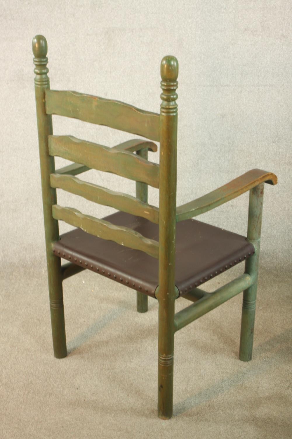 A set of four painted 19th / early 20th ladder back dining chairs, with turned finials raised on - Image 6 of 12