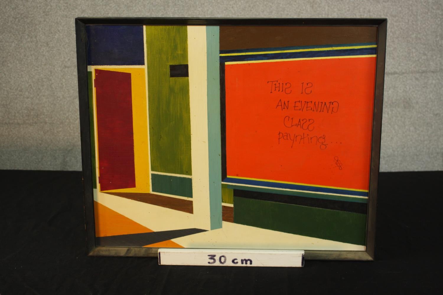 A framed oil or acrylic on board, titled 'Classroom', signed and inscribed verso. H.50 W.61cm. - Image 3 of 4