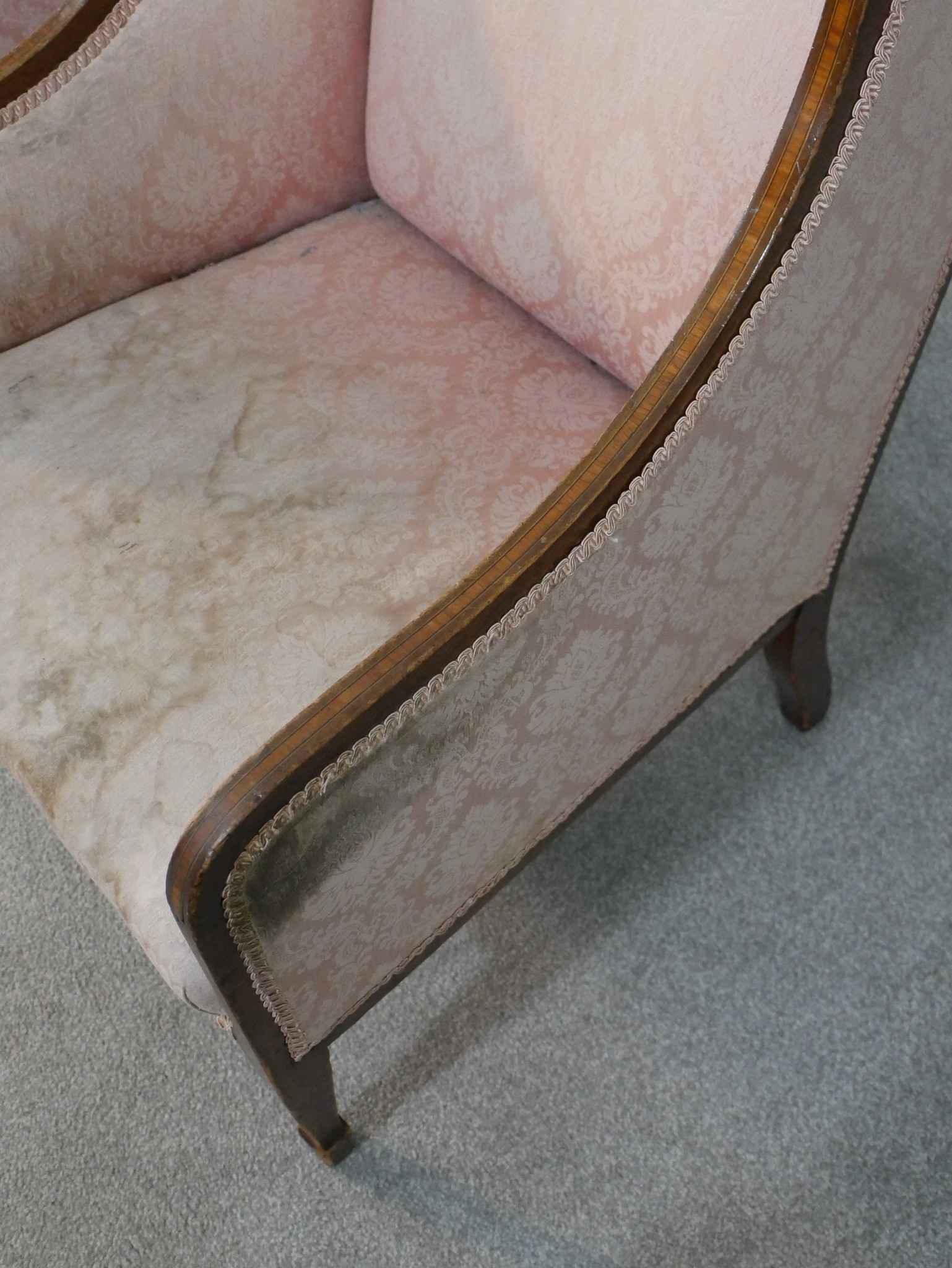 A pair of Edwardian mahogany and line inlaid armchairs, upholstered with pink damask, on tapering - Image 9 of 11